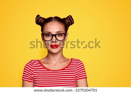 Closeup portrait of confident face young woman with red lips and big brown eyes in eyeglasses look at camera and smiling isolated on red background
