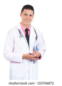 Close-up Portrait Of A Confident, Friendly, Young Smiling Male Doctor Holding A Clipboard With Patient Notes Isolated On A White Background. Health Care Reform. Obamacare. Medicaid Reimbursement.