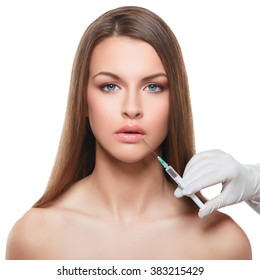 closeup portrait of cosmetic botox injection in the female face lip zone 