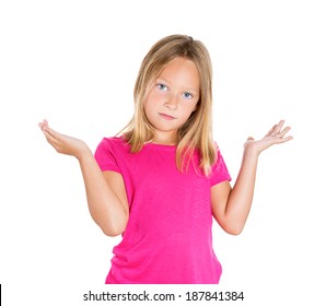 Closeup Portrait, Cute, Adorable Child Girl With Hands Up In Air Saying, Why, I Dont Know, So What, Isolated White Background. Negative Human Emotion Facial Expression Feelings, Reaction, Situation