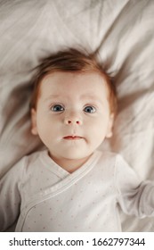 Closeup Portrait Of Cute Caucasian Newborn Baby. Adorable Funny Child Infant With Blue Grey Eyes And Red Hair Lying On Bed Looking At Camera. Authentic Childhood And Lifestyle Candid Moment.