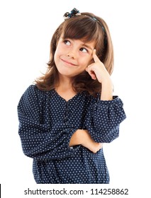 Closeup portrait of a cute little girl thinking isolated on white