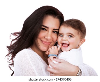 Closeup portrait of cute mother with daughter isolated on white background, young attractive woman hugging sweet adorable child, happy childhood concept