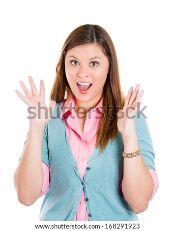 Closeup portrait of cute young beautiful woman with wide opened mouth, looking shocked, surprised, in full disbelief, isolated on white background. Positive human emotions facial expression feelings