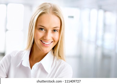 Closeup Portrait Of Cute Young Business Woman Smiling