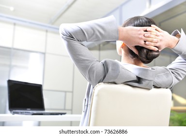 Closeup Portrait Of Cute Young Business Woman From Behind