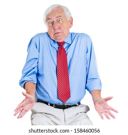 Closeup Portrait Of An Elderly Businessman, Old Corporate Worker Or Grandpa Asking A Question What's The Problem, Who Cares, So What Or I Don't Know. Isolated On White Background. Human Communication