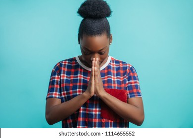 Close-up Portrait Of Faithful Afro Woman Praying To The God. Thank The God, Fate. African American Believer.strong Belief, Faith Concept. Dancing Pose. Dancer. Attend Yoga Classes