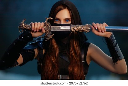 close-up portrait fantasy woman warrior assassin holding dagger in hands, hiding face behind mask. Redhead girl, blue eyes. Black leather costume. Fantastic Ninja soldier with knife sword armor hood