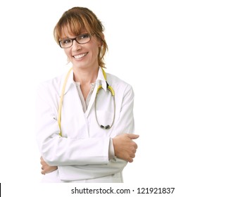 Close-up portrait of female doctor standing and smiling