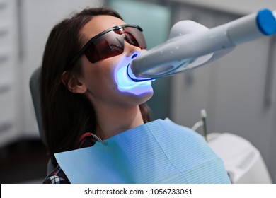 Close-up portrait of a female patient at dentist in the clinic. Teeth whitening procedure with ultraviolet light UV lamp. - Powered by Shutterstock