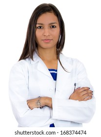 Closeup portrait of a friendly, confident female healthcare professional, doctor, nurse, assistant, isolated on white background. Positive human face expressions, emotions, attitude