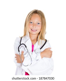 Closeup Portrait, Friendly, Smiling, Child Doctor Professional Arms Crossed Folded, Isolated White Background. Patient Visit. Health Care Reform. Positive Human Face Expression, Emotion Attitude