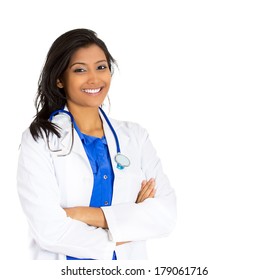 Closeup Portrait Of Friendly, Smiling Confident Female Doctor, Healthcare Professional Isolated On White Background. Patient Visit. Health Care Reform. Positive Human Face Expression, Emotion Attitude