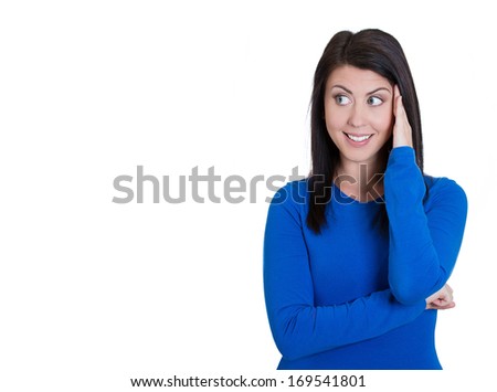 Closeup portrait of funny, smiling surprised, shocked,  young woman hand on face looking to side with copy space, isolated on white background. Positive Human emotions, facial expression feelings