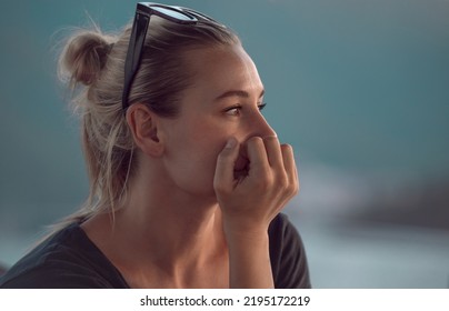 Closeup Portrait Of A Genuine Woman Thinking About Life. Authentic Beauty Of A Young Female. Peaceful Calm Vacation.