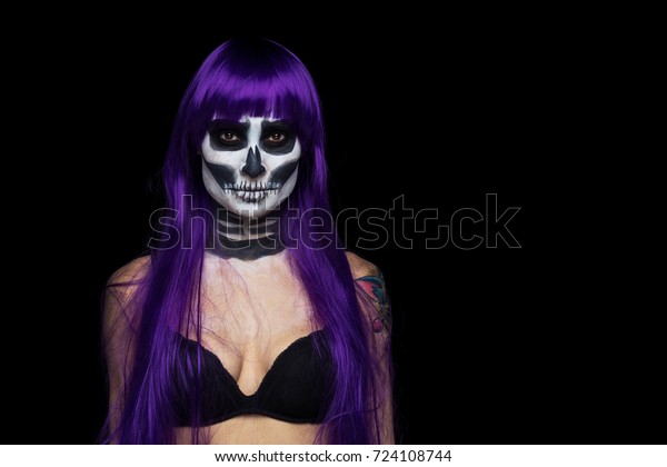 Closeup Portrait Girl Purple Hair Wig Stock Photo Edit Now 724108744