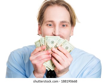 Closeup Portrait, Greedy Business Man, Funny Looking Guy Holding, Counting Money Dollar Bills In Hand, Isolated White Background. Positive Human Emotions, Facial Expression Feeling.