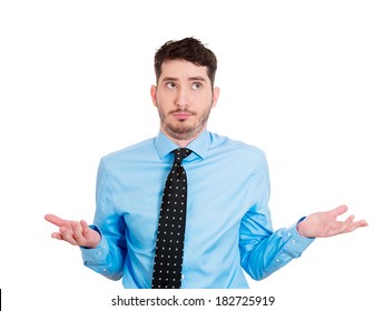 Closeup Portrait Of Handsome Business Man, Worker, Student Asking What Is The Problem, Who Cares, So What, I Don't Know. Isolated On White Background. Human Face Expressions, Attitude, Body Language