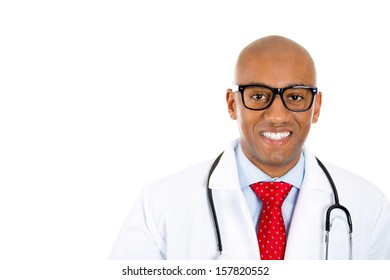 Closeup Portrait Of Handsome Confident Smiling Health Care Professional, Young Male Doctor, Nurse With Stethoscope, Wearing Glasses, Isolated On White Background. Patient Visit, Medicaid Reimbursement