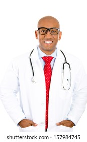 Closeup Portrait Of Handsome Confident Smiling Health Care Professional, Young Male Doctor, Nurse With Stethoscope, Wearing Glasses, Isolated On White Background. Patient Visit, Medicaid Reimbursement