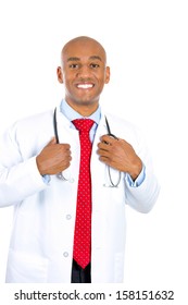 Closeup Portrait Of Handsome Confident Smiling Health Care Professional Or Young Male Doctor Or Nurse Holding Stethoscope, Isolated On White Background. Patient Visit. Medicaid Reimbursement.