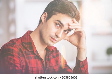 Closeup portrait of handsome european man in casual bright red shirt - Shutterstock ID 503903602