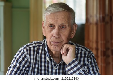 Close-up Portrait Of A Handsome Gray-haired Thoughtful Old Man, Over 80 Years Old.