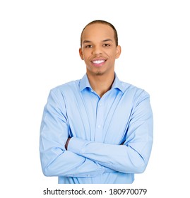 Closeup Portrait Of Handsome Happy, Young Business Man, Confident Student, Entrepreneur, Arms Crossed Folded, Isolated On White Background. Positive Face Expressions, Emotions, Feelings, Attitude.