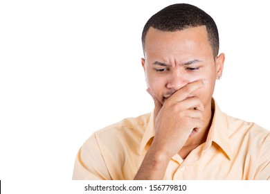 Closeup portrait of handsome man, young corporate executive, worker, businessman, daydreaming, thinking looking downwards , isolated on white background. Human emotions.Face expression - Powered by Shutterstock