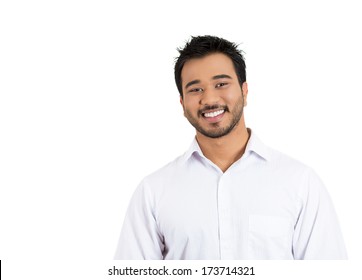 Closeup Portrait Of Handsome, Smiling, Successful Young Business Man, Student, Worker, Employee, Isolated On White Background. Positive Human Emotions Facial Expressions, Feelings, Attitude Perception