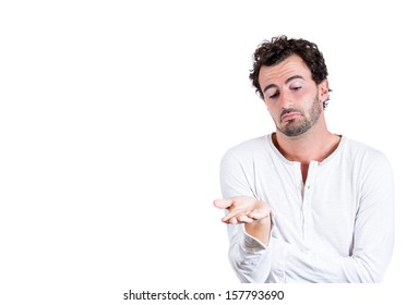 Closeup Portrait Of Handsome Young Guy Or Worker Or Student Asking What's The Problem, Who Cares, So What Or I Don't Know. Isolated On White Background. Human Communication, Conflict Resolution.