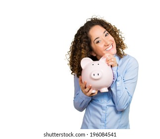 Closeup Portrait Happy Beautiful Business Woman Bank Employee, Student Hugging Piggy Bank, Excited Open Savings Account Isolated White Background. Financial Concept. Positive Emotion Facial Expression