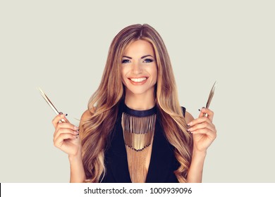 Closeup Portrait Of Happy Beautiful Girl Woman Holding Tools For Eyebrows Eyelashes Extensions On Light Grey Greenbackground. Positive Face Expression Emotion