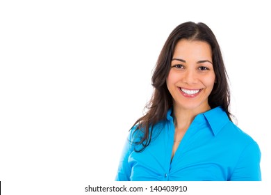 A closeup portrait of a happy businesswoman in blue shirt, isolated on white background with copy space