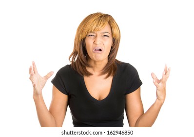 Closeup portrait of a happy cute young beautiful woman looking shocked and surprised in full disbelief arms up in air, isolated on a white background. Negative human emotions and facial expressions