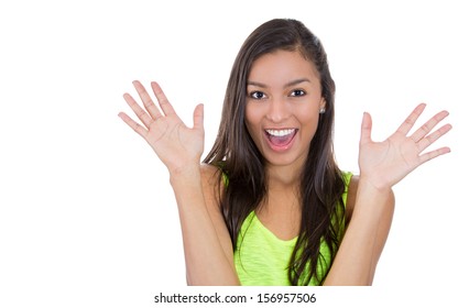 Closeup portrait of a Happy excited girl. Young beautiful woman smiling surprised holding, amazed  isolated on white background. Funky young joyful multicultural  female model. Positive human emotions