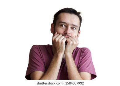 Closeup Portrait Of Happy Man Looking Shocked Surprised In Full Disbelief Hands On Cheek Open Mouth Eyes, Isolated On White Background. Positive Emotion Facial Expression Feeling