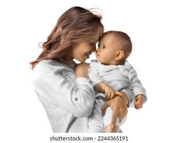 Close-up portrait of a happy mom holds her baby in her arms. Isolated on white. - Powered by Shutterstock