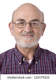 Close-up Portrait Of A Happy Old Man Wearing Eyeglasses On A White Background