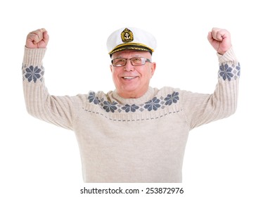 Closeup Portrait Of Happy Old Senior Man With A Smile And White Teeth,  Raised His Hands Up, Boat Captain Cap, Isolated On White Background