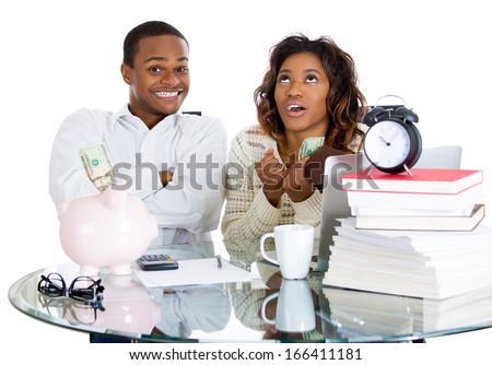 Closeup portrait of happy, proud, smiling couple excited to pay off debts and have extra cash,  isolated on white background. Positive human emotion facial expression feelings. Financial success