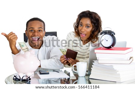 Closeup portrait of happy, proud, smiling couple excited to pay off debts and have extra cash,  isolated on white background. Positive human emotion facial expression feelings. Financial success