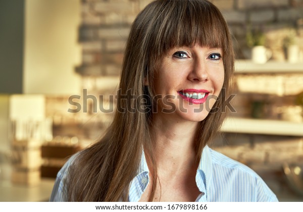 Closeup Portrait Happy White Woman Home Stock Photo 1679898166 ...