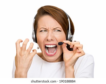 Closeup Portrait, Headshot Customer Service Representative, Business Woman, Angry Screaming On Hands Free Phone, Having Difficult Conversation, Being Rude, Isolated White Background. Negative Emotion