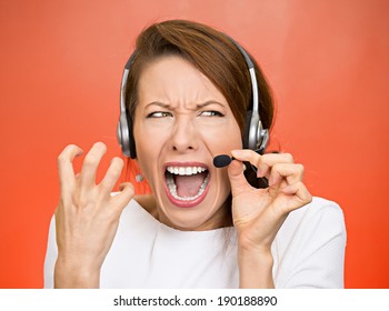 Closeup Portrait, Headshot Customer Service Representative, Business Woman, Angry Screaming On Hands Free Phone, Having Difficult Conversation, Being Rude, Isolated Red Background. Negative Emotion