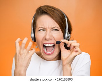 Closeup Portrait, Headshot Customer Service Representative, Business Woman, Angry Screaming On Hands Free Phone, Having Difficult Conversation, Being Rude, Isolated Orange Background. Negative Emotion