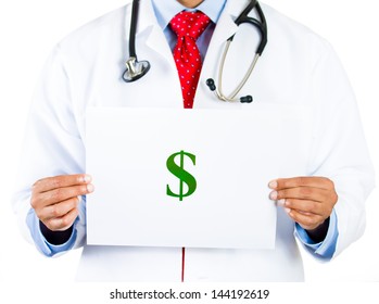 Closeup portrait of health care professional with red tie and stethoscope holding a dollar sign on blank slate, isolated on white background - Powered by Shutterstock