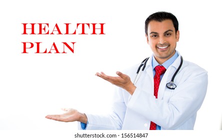 Closeup Portrait Of Health Care Professional, Dr Or Md With Stethoscope Pointing To Sign That Says Healthcare Reform Now???, Isolated On White Background