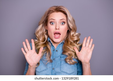 Close-up portrait of her she nice cute winsome lovely charming attractive wavy-haired lady showing refuse sign gesture opened mouth isolated over gray violet purple pastel background - Shutterstock ID 1329189281